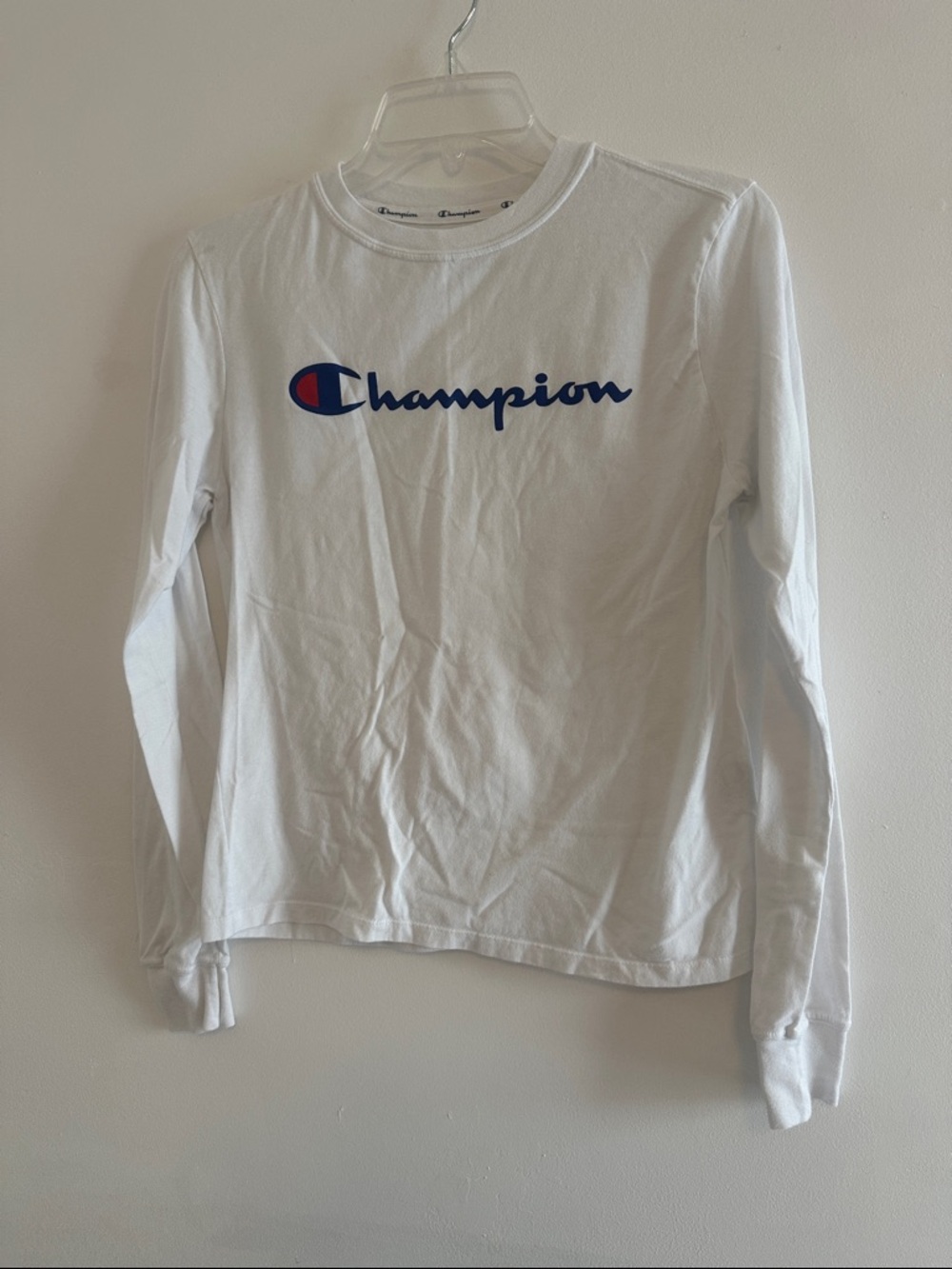 Champion White Long Sleeve Tee with Blue Script and Red Accent
